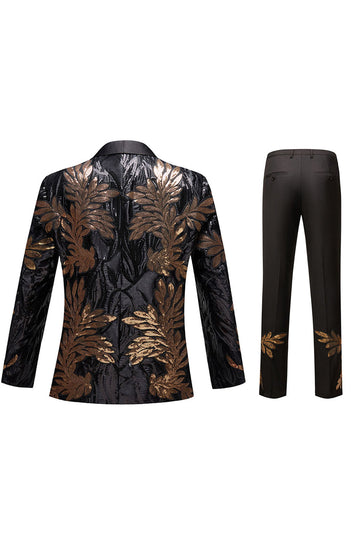 Negro y Oro Jacquard Sequins Masculinos 2 Piezas Trajes de Fiesta